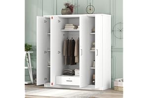 Lifeand 4-Door Bedroom Drawer, Shelves, and Hanging Rail-White, Ideal for Modern Decor Themes (59.2" L x 19.2" W x 67.9" H), Wardrobe