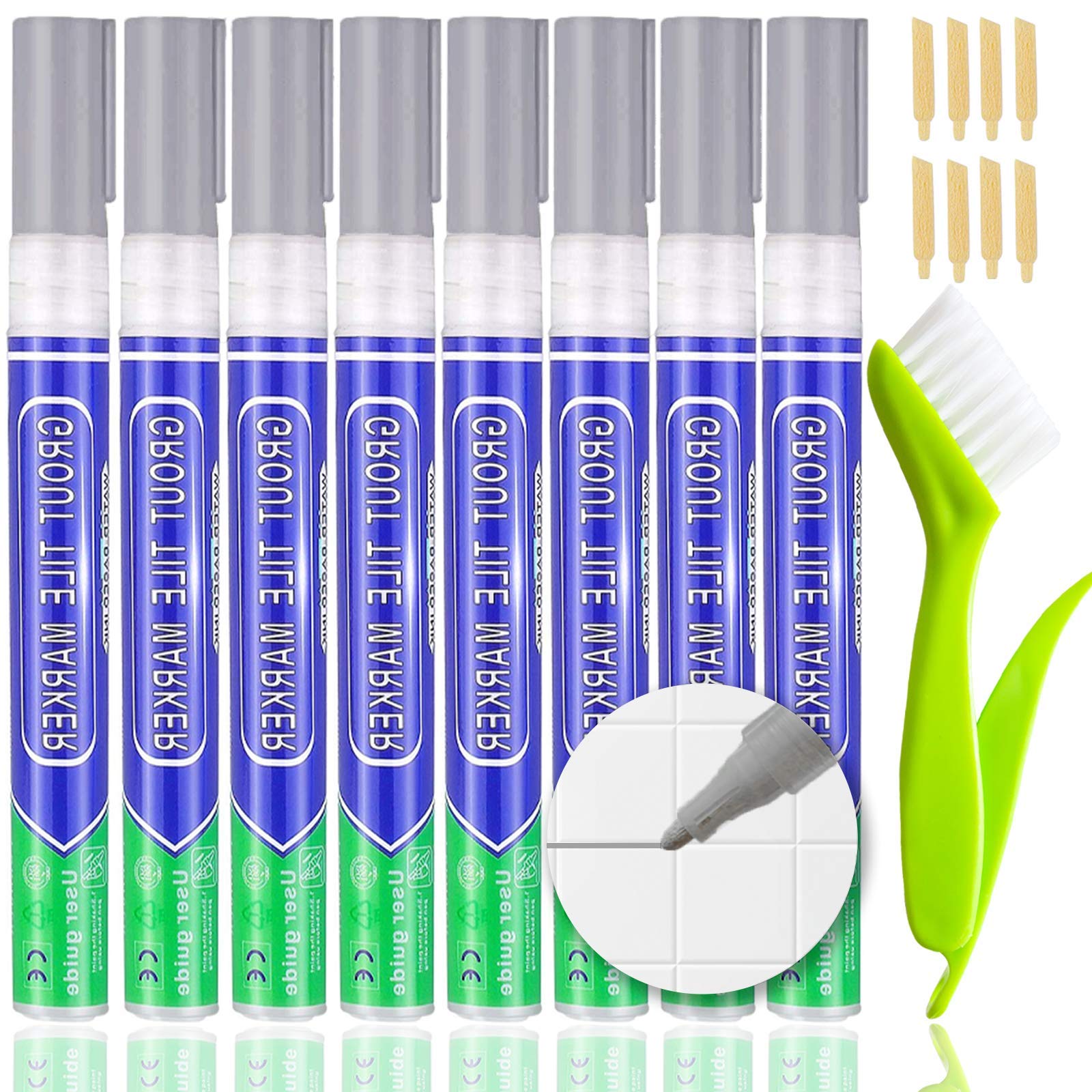 KOOLPUG Grout Pen Grey with Tile Grout Cleaner Brush, 8 pcs Tile Grout, Anti Mould Grout Reviver, Sealant for Restoring Bathroom and Kitchens