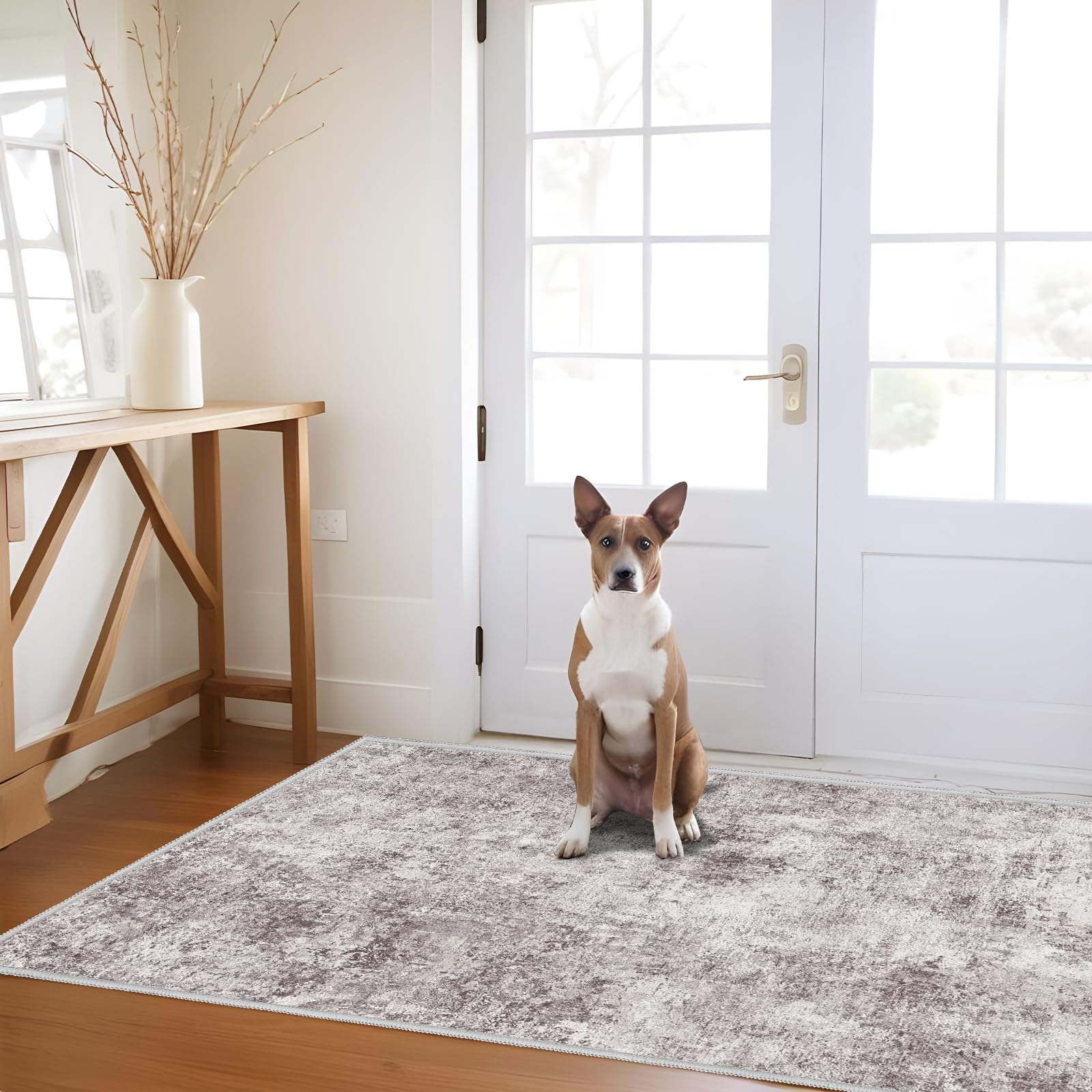 Photo 1 of Abstract 3x5 Washable Rug: Modern Non Slip Area Rug Soft Carpet Foldable Distressed Stain Resistant Neutral Rugs for Hallway Living Room Bedroom Decor Indoor Small Farmhouse Rug 3'x5' Gray Cream