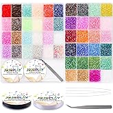 JOJOPLAY Tube Glass Bugle Seed Beads with Elastic String Tweezers for Bracelet Necklace Jewelry Making (3mm, 48 Colors)