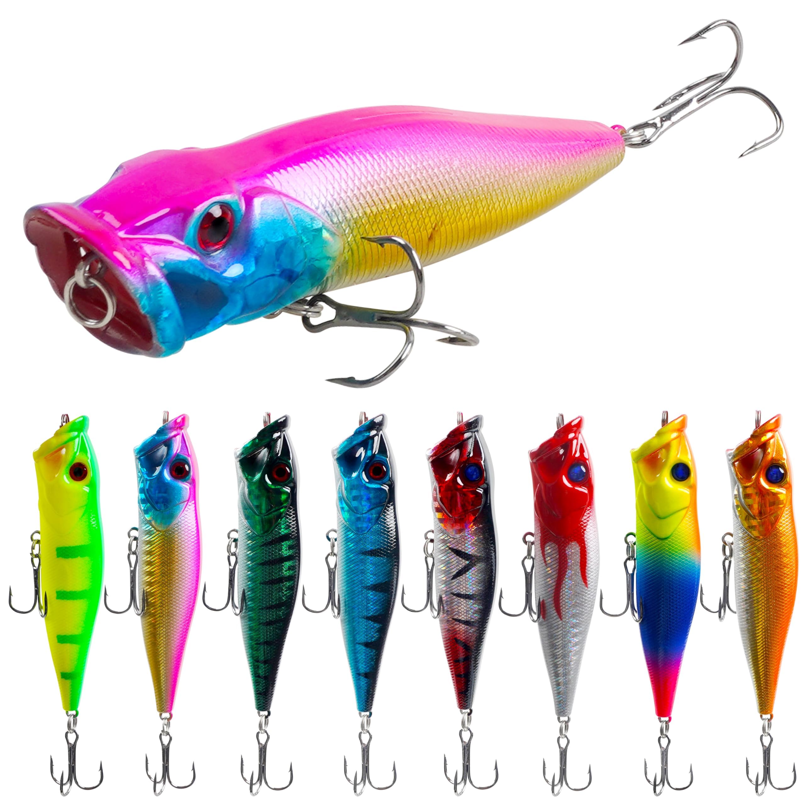 Topwater Popper Fishing Lure Kits, 8pcs Bass Lures Hard Baits Lifelike Pencil Swimbait for Freshwater Saltwater Bass Trout Walleye Panfish