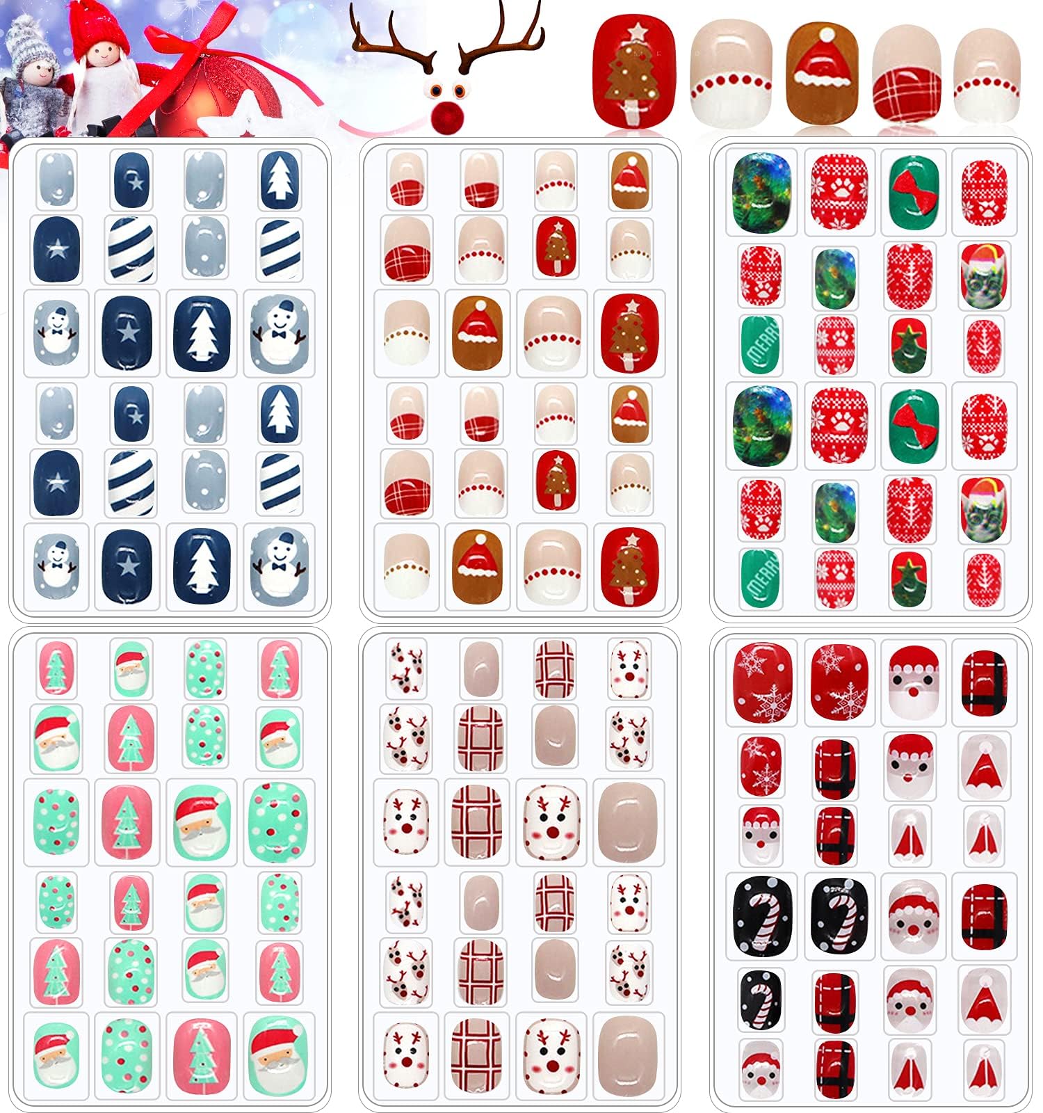 EBANKU 6 Packs Christmas Kids False Nails Press on Nail, Children Full Cover Short False Fingernails 3D Santa Claus Snowman Christmas Tree for Girls Kids (A) โ image 1