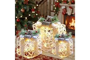 PEIDUO Christmas Decorations, Set of 3 Christmas Lighted Gift Boxes, Light Up Presents for Xmas Tree Indoor Holiday Home Deco