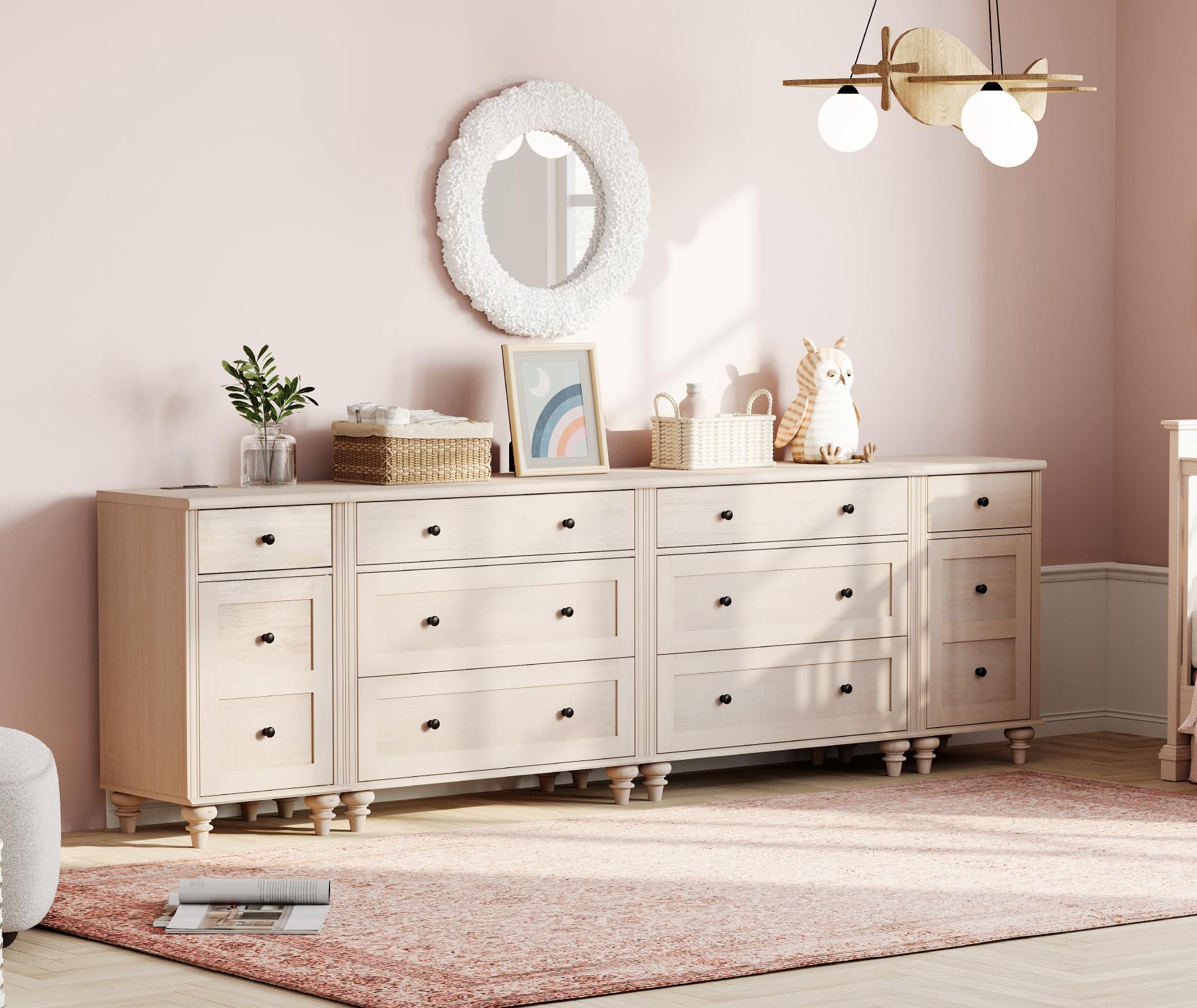 Diagram showing the individual components of the WAMPAT dresser, including the 3-drawer units, 2-door cabinet units, and overall dimensions of the assembled unit: 100.8 inches L x 15.7 inches W x 30.9 inches H.