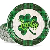 Whaline 40Pcs St. Patrick's Day Paper Plates Green Plaid Shamrock Round Disposable Plates Lucky Clover Decorative Dinner Tableware for Irish Holiday Birthday Table Decor Party Supplies, 9.1 Inch