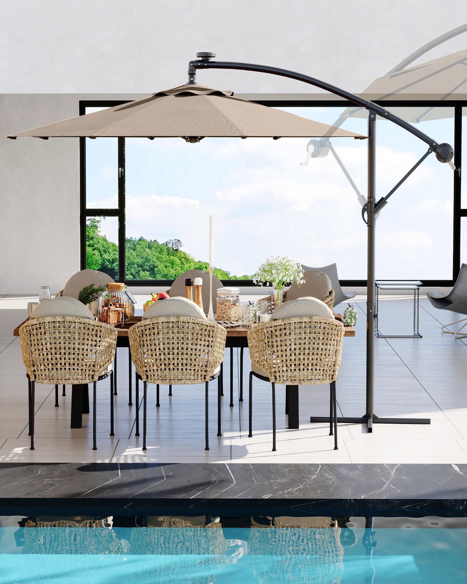 Photo 1 of 10FT Cantilever Patio Umbrella with Cross Base, 360-degree Rotation Outdoor Offset Umbrella with Infinite Tilt, Outside Market Umbrellas for Deck Poolside Lawn Backyard, Tan