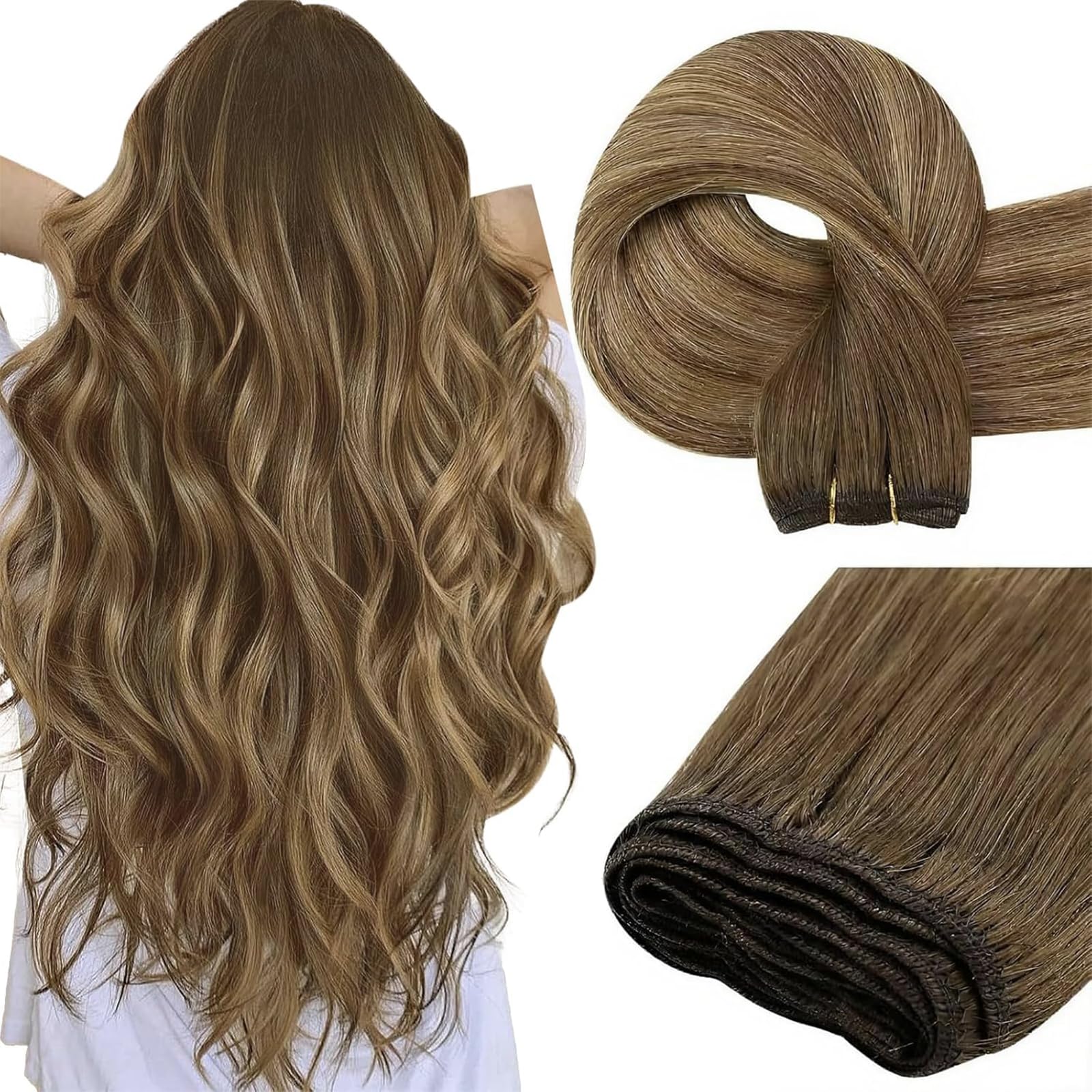 Easyouth Weft Hair Extensions Balayage Double Weft Human Hair Extension 20 Inch 100g Sew in Extensions Real Human Balayage Brown to Blonde Ombre