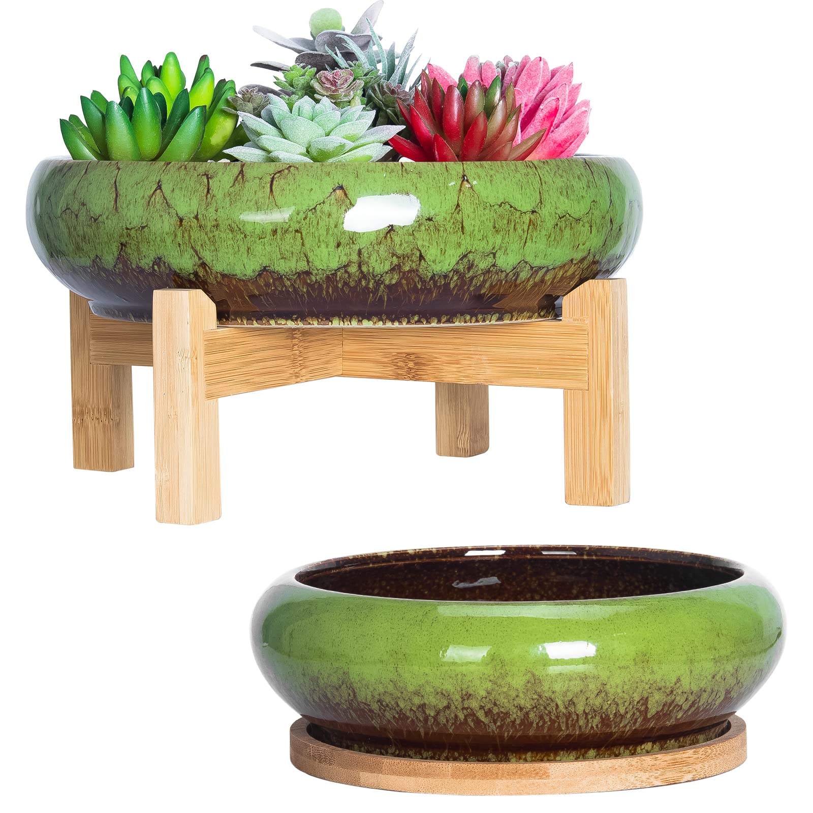 ARTKETTY Succulent Plant Pot - 18.5/25 CM Large Bonsai Pot with Tray Set of 2, Colorful Succulent Pot Ceramic Pots for Cactus Plants Garden Decorative Flower Pot
