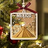Mexico Wooden Christmas Ornament, 2-Layer Wood and Acrylic Decoration with Chichen Itza Pyramid- Palacio De Bellas Artes and Cathedral in Snowy Winter Scene, Holiday Souvenir Gift