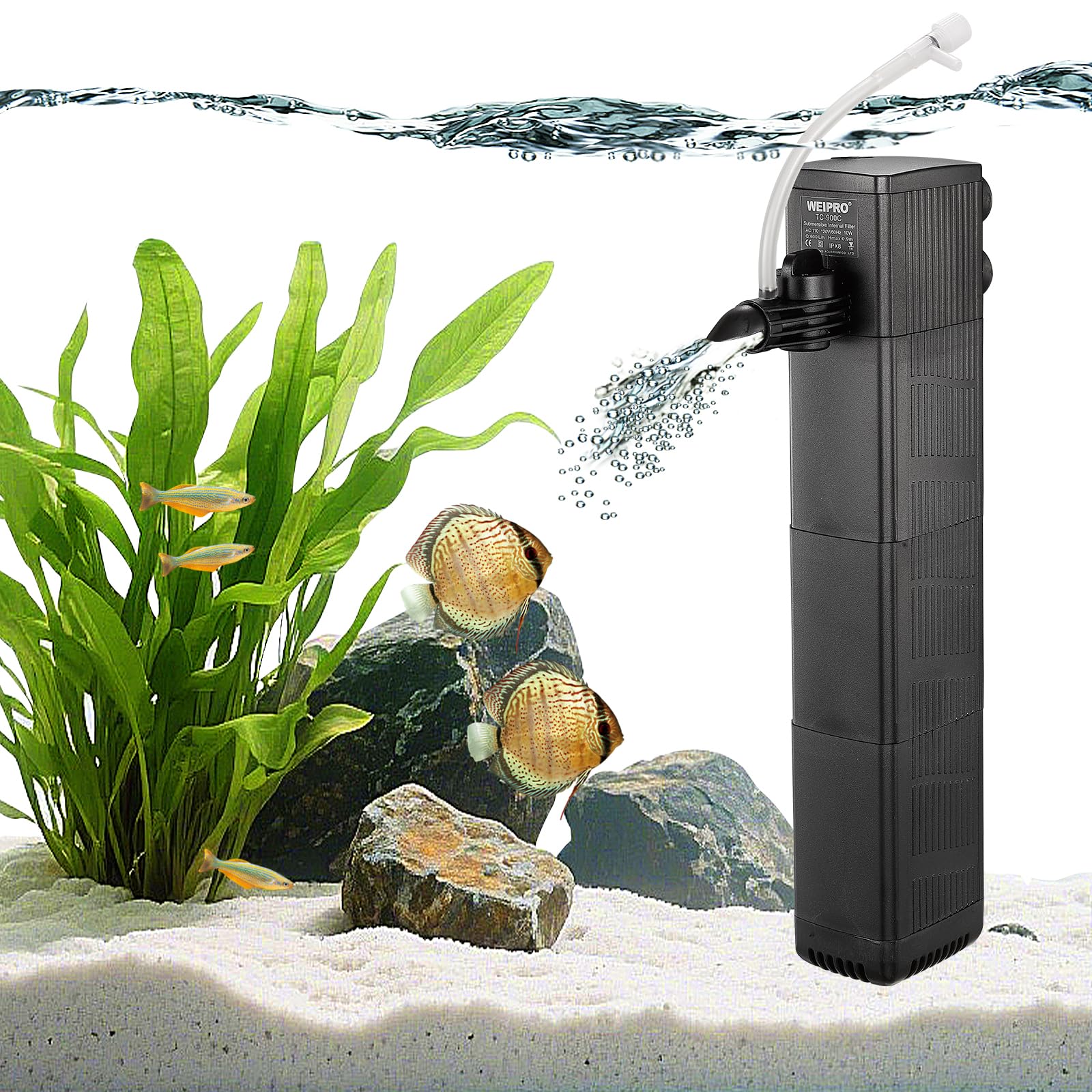 Internal Fish Tank Filter with 3-Stage Biochemical Sponge Filtration, 10W Adjustable Water Flow Submersible Aquarium Filter Pump for 80l ~ 150l Freshwater or 60l ~ 90l Saltwater, TC-900C(600L/H)