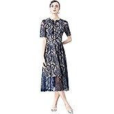 LAI MENG FIVE CATS Women's Puff Sleeve Crewneck Lace Mesh Embroidery Single-Breasted Buttons Midi Dress