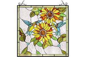 CAPULINA Sunflower and Birds Large Stained Glass Panels Window Hangings Tiffany Glass Traditional Art Crafts for Home Decor Gifts