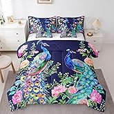 Erosebridal Peacock Bed in a Bag King Size Comforter Set 7 Pieces,Watercolor Flower Bedding Sets Rustic Aesthetic Animal Feather Sheet Set with Comforter