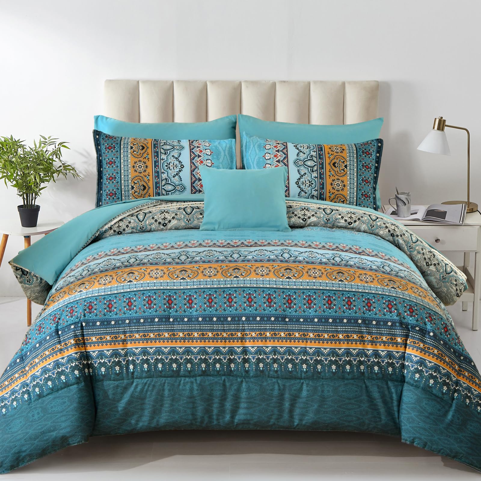 Cottolester Boho King Comforter Set 8 Pieces,Teal and Yellow Bohemian Comforter Paisley Striped Bed in A Bag,Soft Microfiber Bedding Set for All Season Image