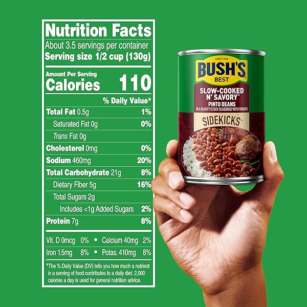 BUSH’S BEST 15OZ CANNED SLOW-COOKED N’ SAVORY PINTO BEANS, SOURCE OF PLANT BASED PROTEIN AND FIBER, LOW FAT, GLUTEN FREE