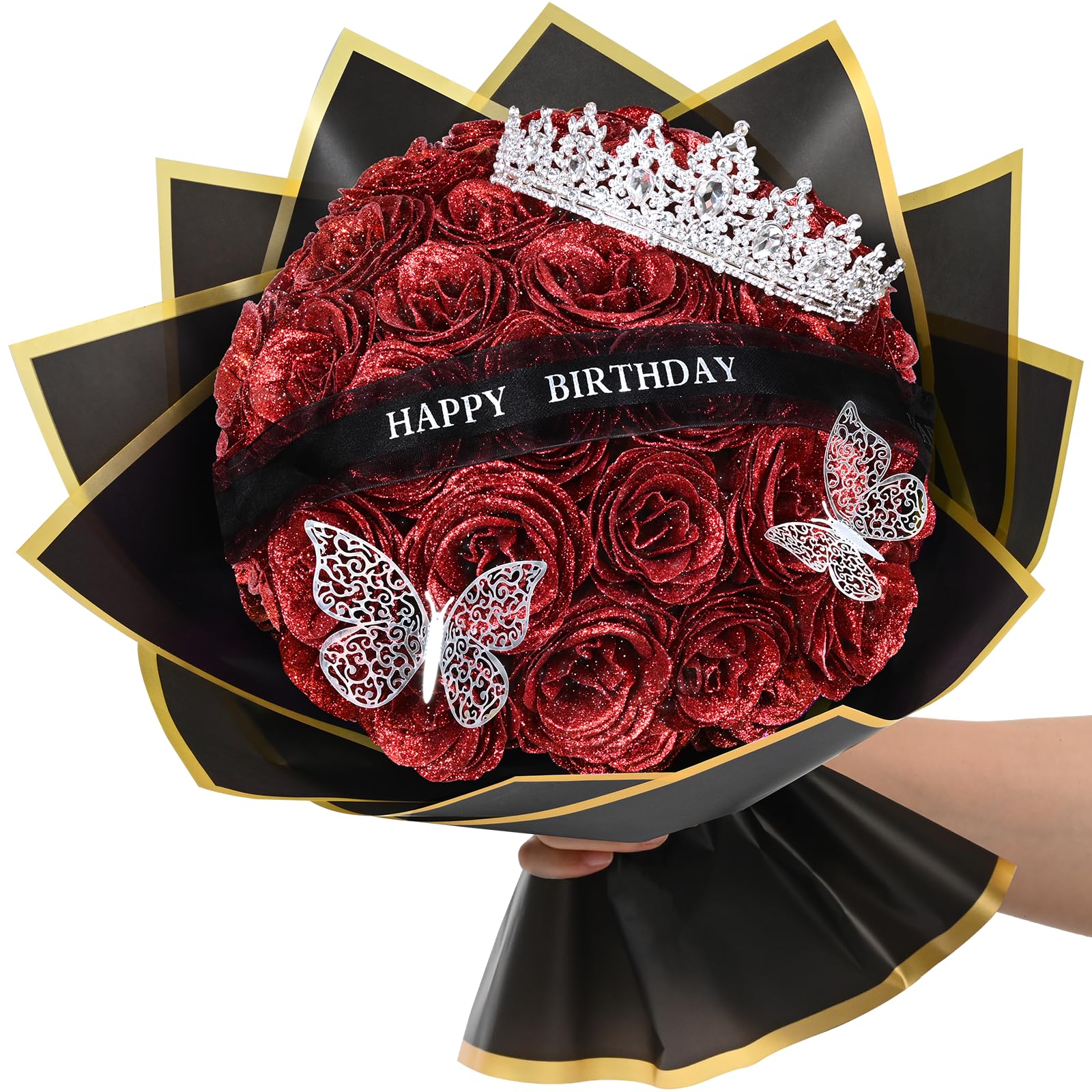 Photo 1 of Waipfaru Glitter Roses Bouquet, Birthday Gifts for Women Mom, DIY Fake Flowers Bouquet with Birthday Stand-Up Signs, 36 Red Rose for Grandma Wife Friends