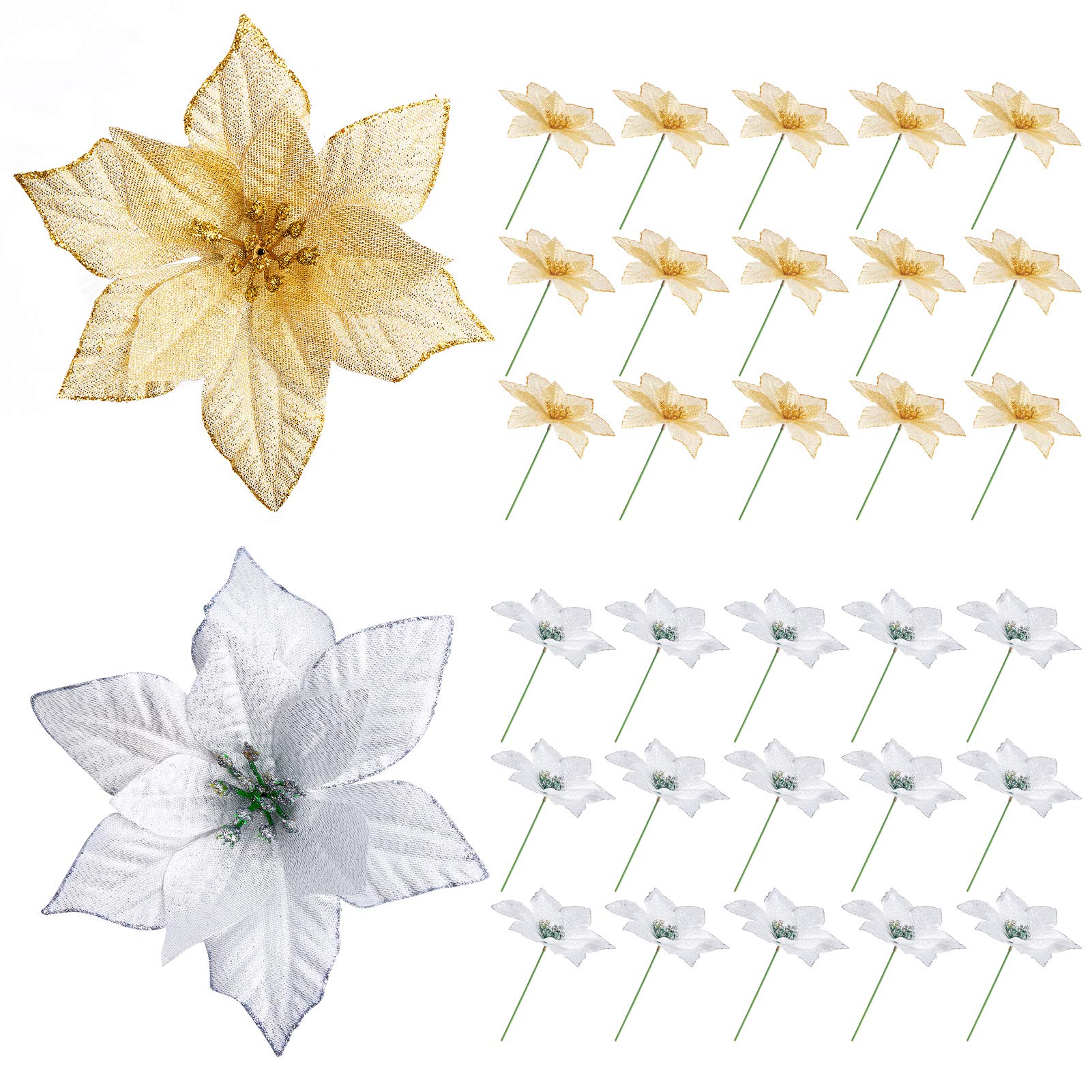 Kiiwah 30pcs Artificial Christmas Tree Flowers Glitter Poinsettia Decorations Silver and Gold Christmas Tree Ornament Christmas Party Decor
