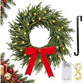 Daifunli 26 Inch Light Up Christmas Norfolk Pine Wreaths with Bow | Lighted Artificial Green Wreaths with Hook, Pre-lit Realistic for Indoor Outdoor Xmas Windows Porch Wall Home Decor