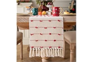 Caflife Christmas Table Runner 72 Inchs Long for Modern Farmhouse Room Home Christmas Decorations, Boho Red Table Runner, Natural Cotton Woven with Tassels for Holiday Kitchen and Dining Table Decor