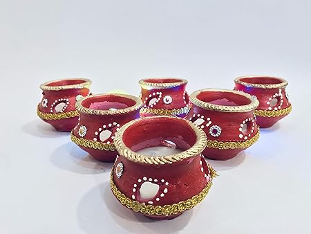 RealLife Handmade Traditional Big Matka/Matki/Handi Wax Clay Diya with Stone Work for Diwali Puja Pooja Terracotta/Deepak Diya Set of 6