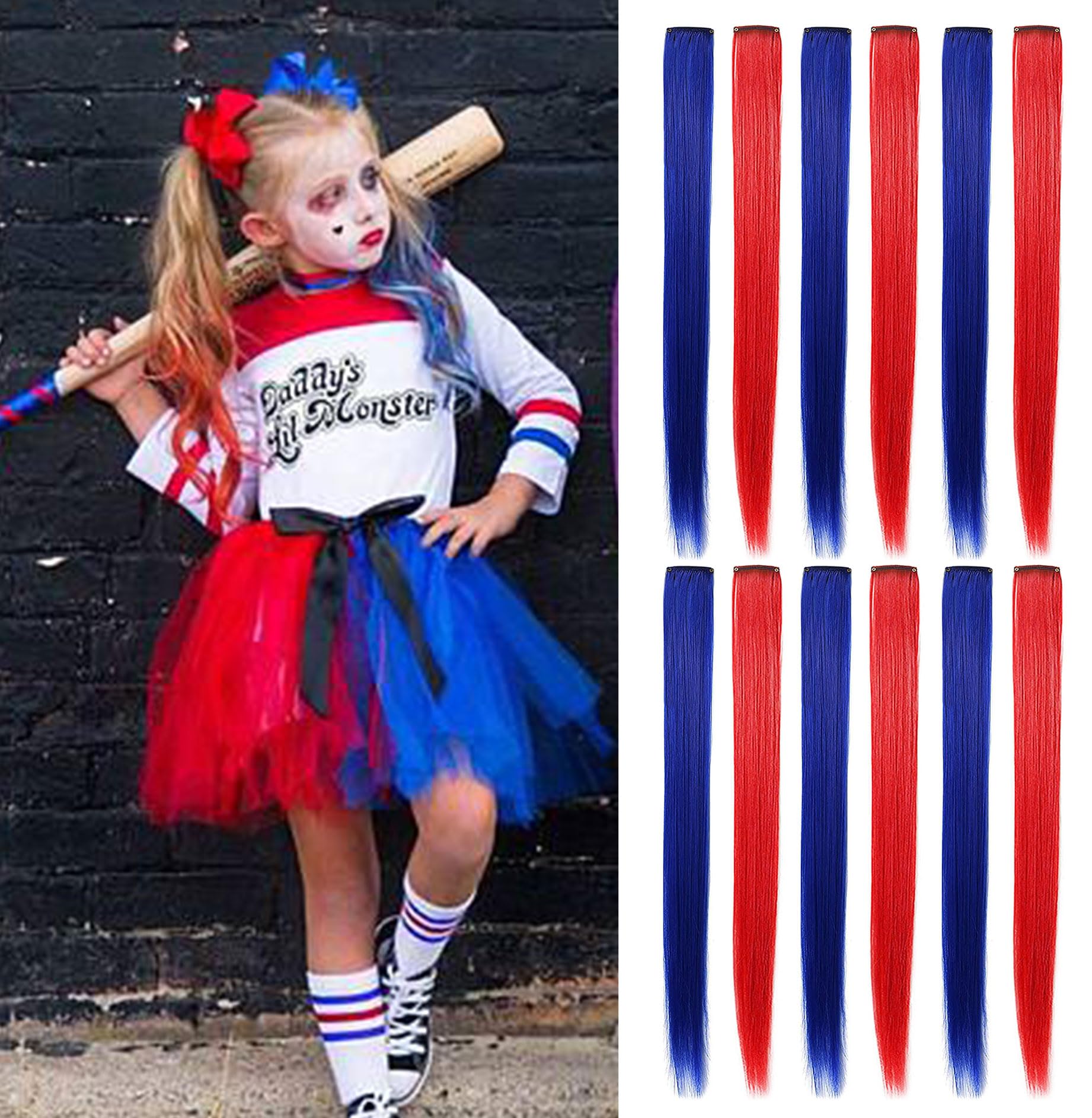 Rhyme 10 Pcs Colored Hair Extensions for Girls 21 inch Hairpieces Wig for Girls Christmas Blue and Red Hair Accessories Women's day Gift Party Hightlight (Blue,Red)