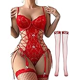 Lilosy Sexy Floral Lace Up Belt Garter Underwire Teddy Bodysuit Lingerie Set