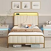 Rolanstar Twin Size Bed Frame with LED Light and Charging Station, Upholstered Headboard and Footboard, Metal Slat, Golden