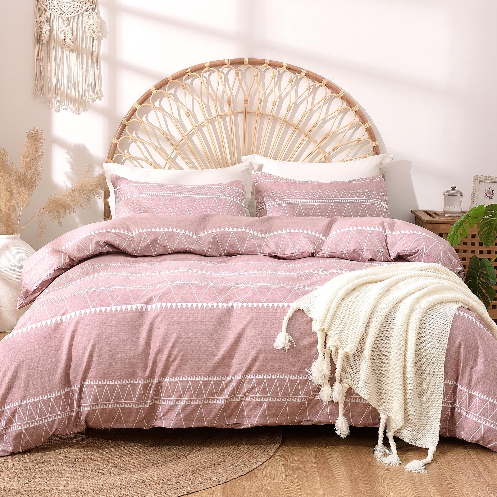 Lekesky Pink Double Duvet Cover Set 3-Piece Geometric Stripe Print Bedding Set, Soft Microfibre Pink Double Duvet Set with Pillowcases Zip Closure Easy Care, Double 200x200cm
