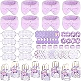 Honeydak 56 Pcs Spa Sleepover Party Supplies Include Sleep Eye Mask Wristband Scrunchie Spa Headband with Coquette Bow Mirror Hair Comb Gift Bags for Women Girls Slumber Birthday Party Favors (Purple)