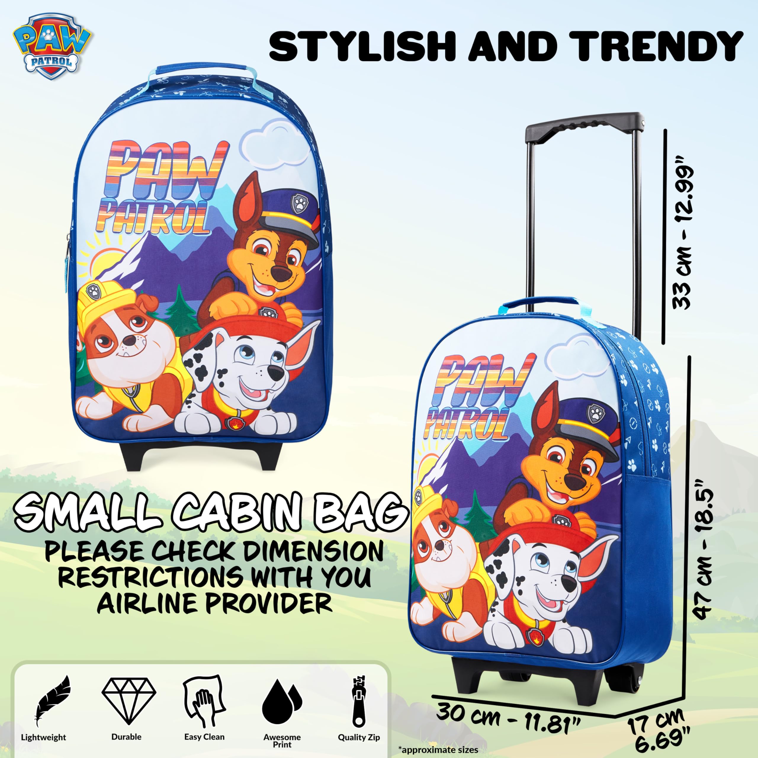 Paw Patrol Carry On Suitcase for Kids Foldable Trolley Hand Luggage Bag Travel Bag with Wheels Cabin Bag Wheeled Bag with Handle Chase Rubble Marshall Trolley Suitcase
