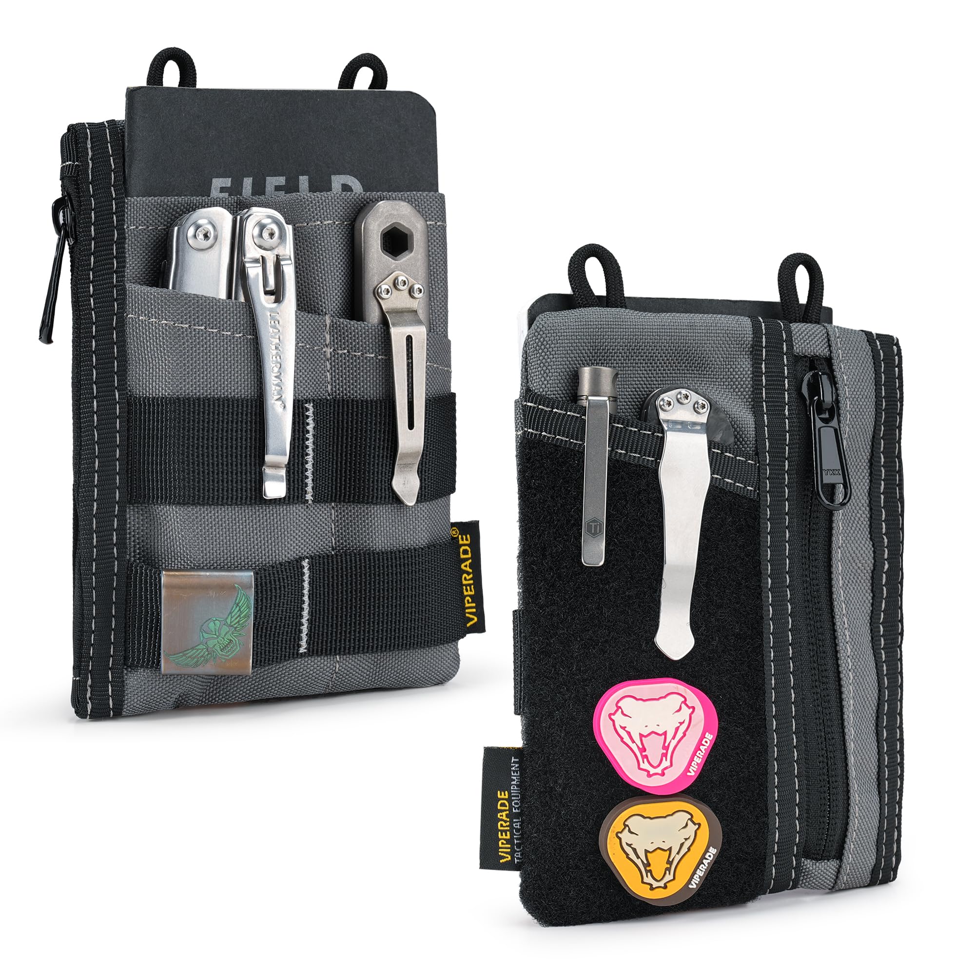 VIPERADE VE18 Small EDC Pouch Tool Organizer, Multifunction Small Tools Pouch with 6 Pockets, EDC Organizer for Men, Mini Pocket Organiser with Patches Area for DIY(Grey）