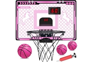 NASOMINAKO Indoor Basketball Hoop with Electronic Scoreboard and LED Light, Pink Over The Door Basketball Toy, for Kids Aged 4, 5, 6, 7, 8+Years Old
