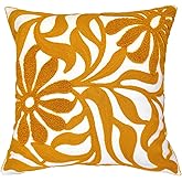 Alysheer Farmhouse Floral Leaves Embroidered Decorative Throw Pillow Cover 18x18 inches, Boho Tufted Flowers Embroidery Pattern Chic Cotton Cushion Case for Couch Bed Sofa Living Room(Mustard Yellow)