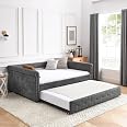 Daybed with Trundle, Fabric Upholstered Full Size Day Bed