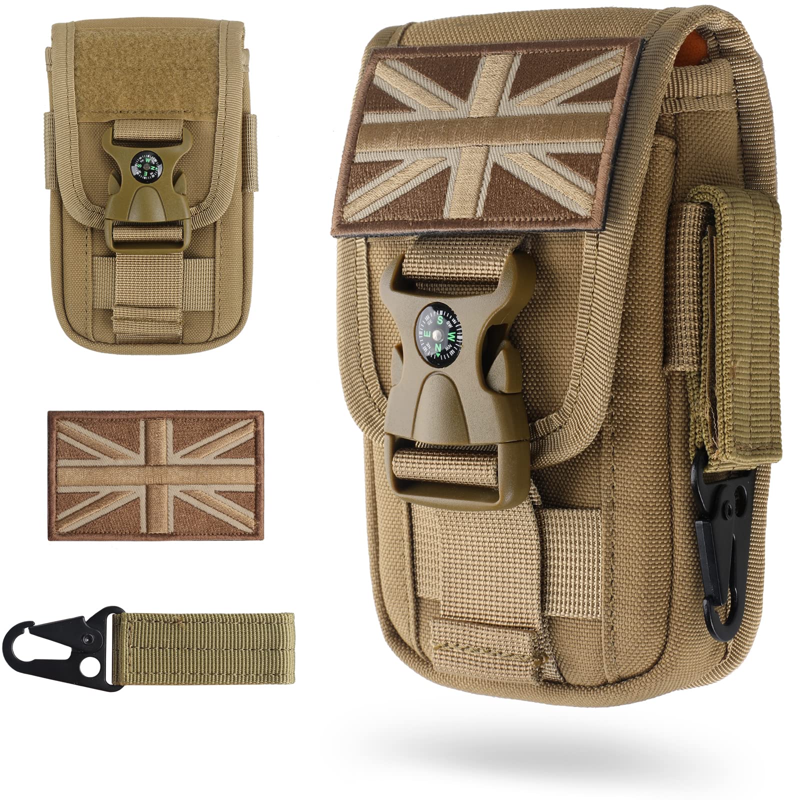 WYNEX Tactical Molle Phone Pouch with Compass Buckle, Tactical Phone Holster Molle Cell Phone Pouch Universal Belt Waist Bag for IP 13/12/11 Max / S21 with UK Patch & Gear Clip Buckle