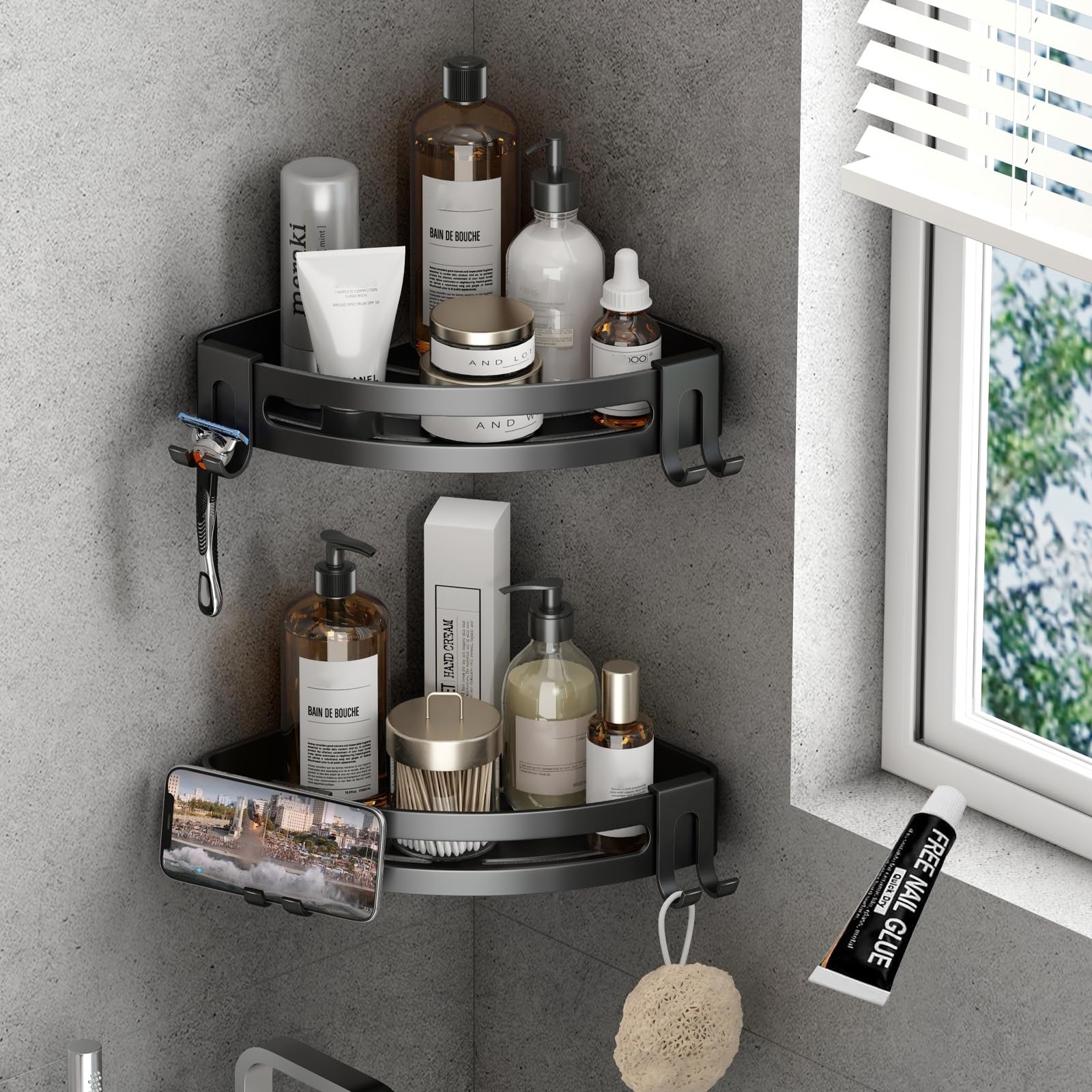 Photo 1 of (missing one shelf) VOLPONE Corner Shower Caddy with Razor Holder Adhesive Shower Shelf Corner No Drilling (adhesive mounting, no suction cup)