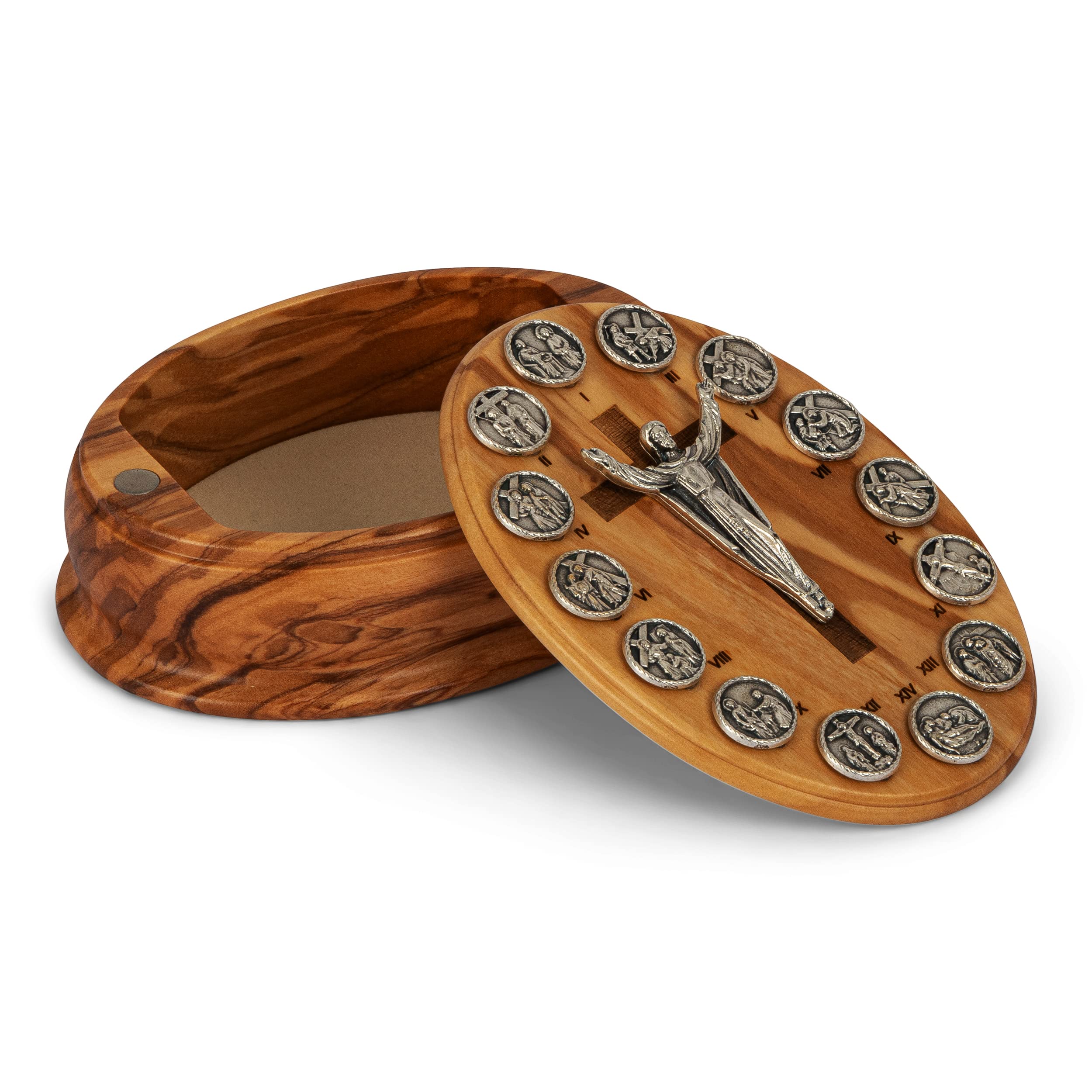 NKlaus Rosary Box large olive wood Stations of the Cross metal 8,5 x 6,5 x 3cm 2504