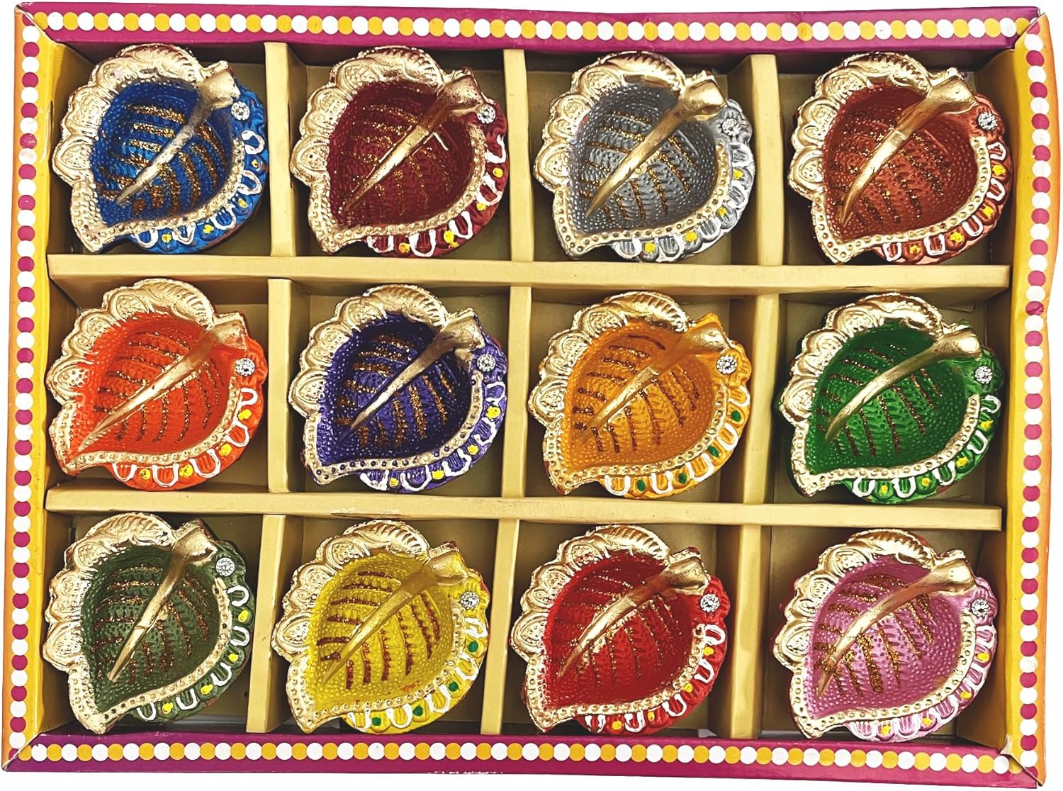 Oil Lamps & Accessories - KSJONE 12 Pcs Elegant Hand Painted Diwali Clay Diya with Cotton Wicks Deepavali Tea Light Holder Oil Lamp Indian Festive Home Decoration Traditional Temple Pooja Laxmi Puja Diyas