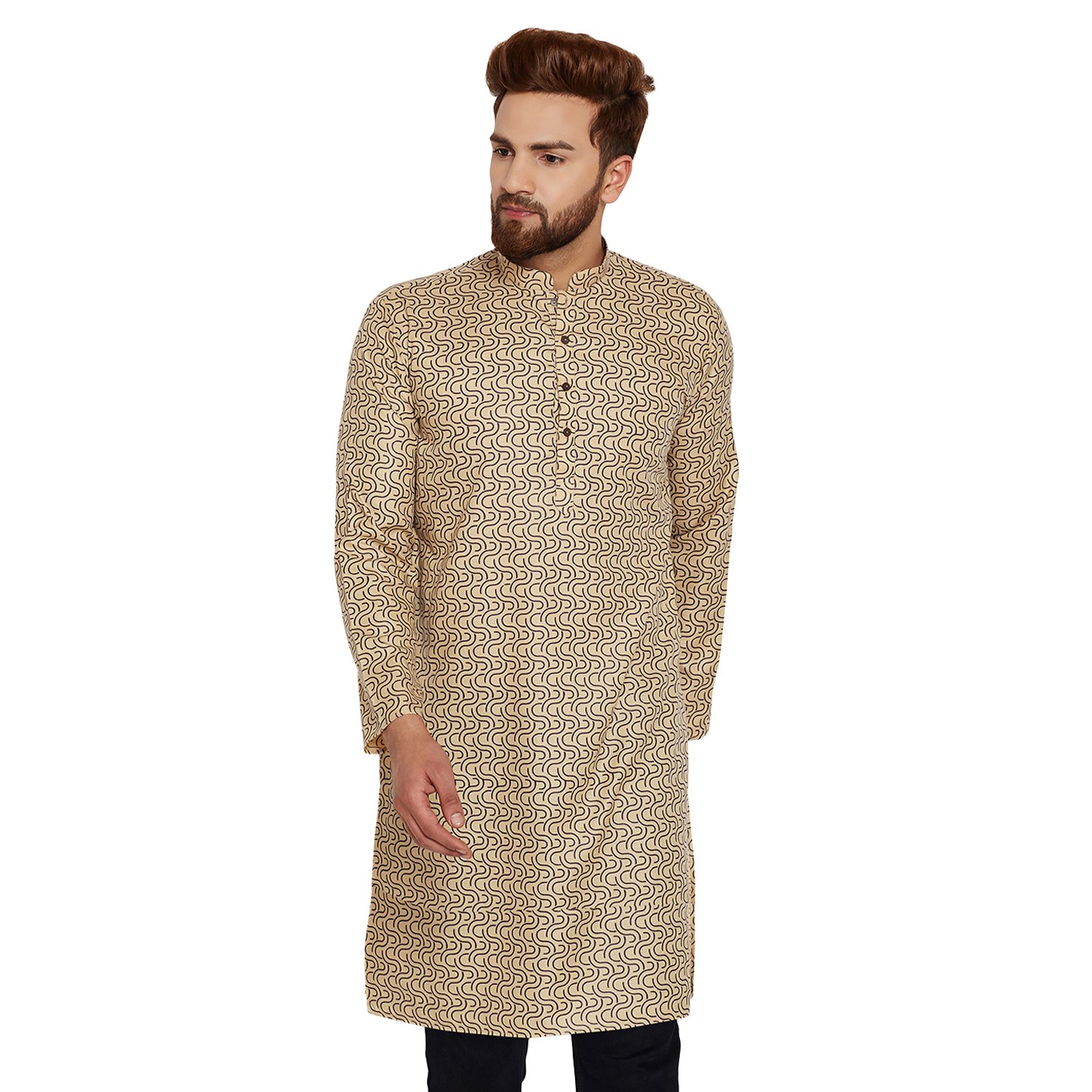 sojanya (since 1958) men's beige cotton linen printed only long kurta