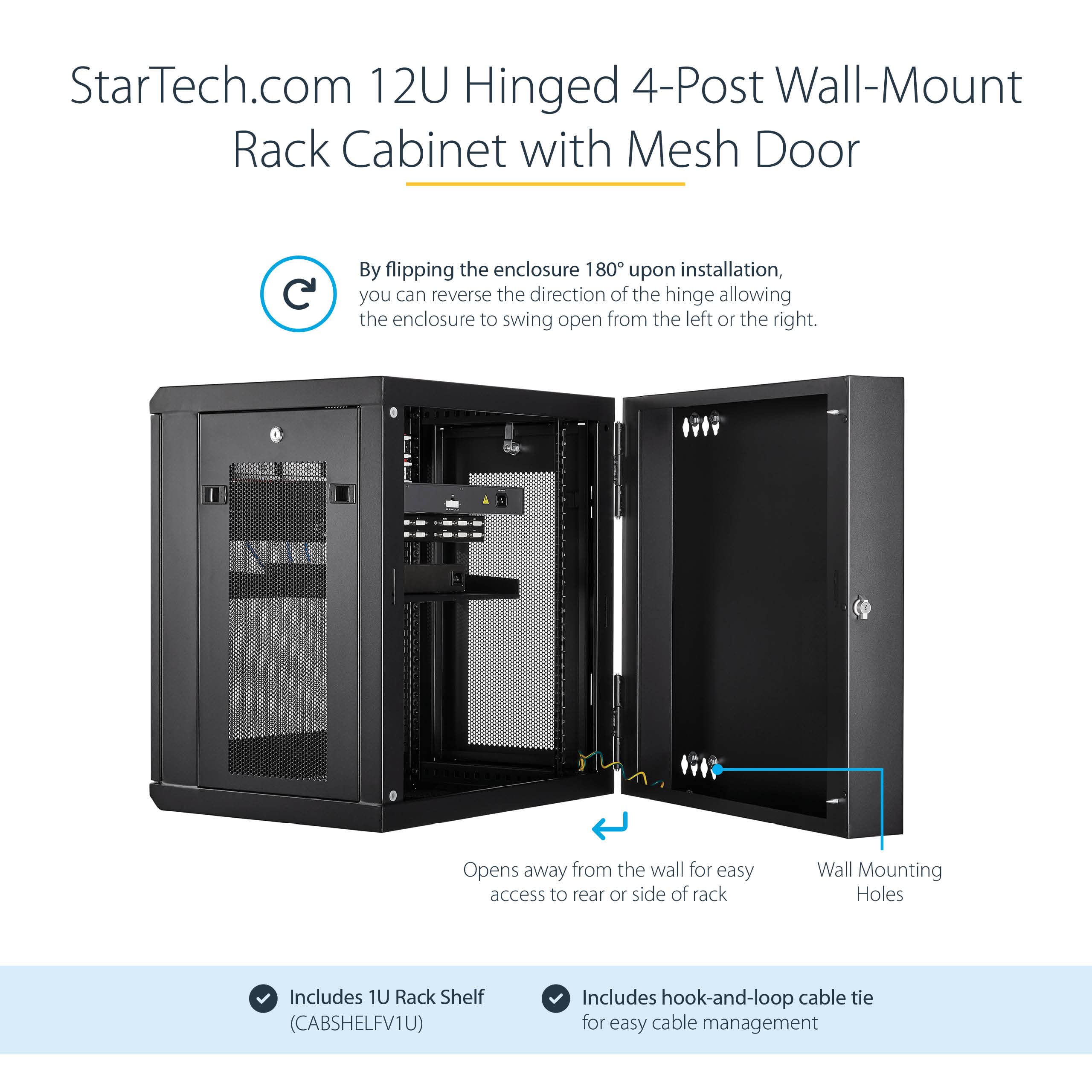 StarTech.com 4-Post 12U Wall Mount Network Cabinet with 1U Shelf, 19in Wall-Mounted Server Rack, Up to 16in Mounting Depth