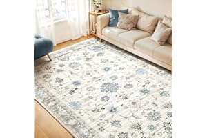 WITSHOCK Machine Washable 8x10 Area Rug, Non-Slip Stain-Resistant Vintage Boho Carpet for Living Room, Bedroom, Kitchen - Low Pile, Durable, Indoor Entryway Rug, Camel Blue