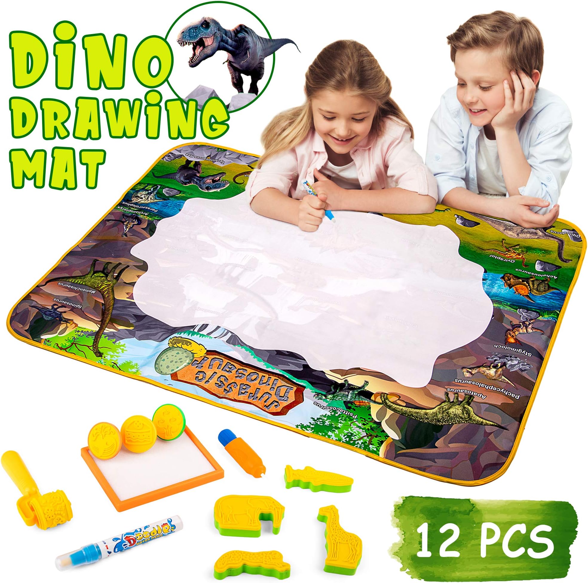 Dinosaur Water Doodle Drawing Mat for Kids and Toddlers - Large 39” x 29” Doodling Play Pad with Water Pens, Animal Stamps and More - Great Gift and Educational Learning Toy for Boys and Girls