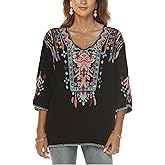 gosiea Mexican Embroidered Shirts for Women Bohemian Tops Peasant 3/4 Sleeve V Neck Shirt Tunic Blouses