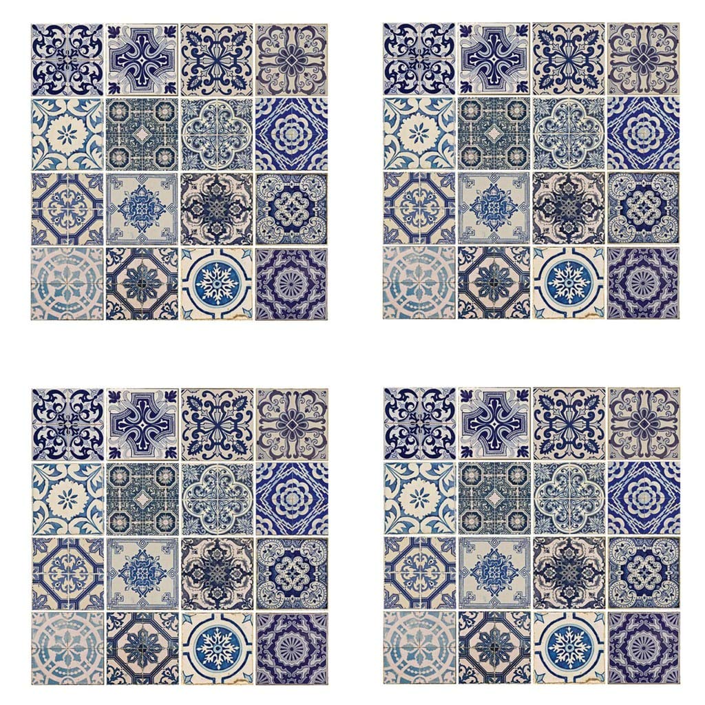 Wallflexi Wall Stickers Spanish Blue Tiles Wall Art Murals Removable Self-Adhesive Decals Office Home Decoration, Multi-Colour, Pack of 4