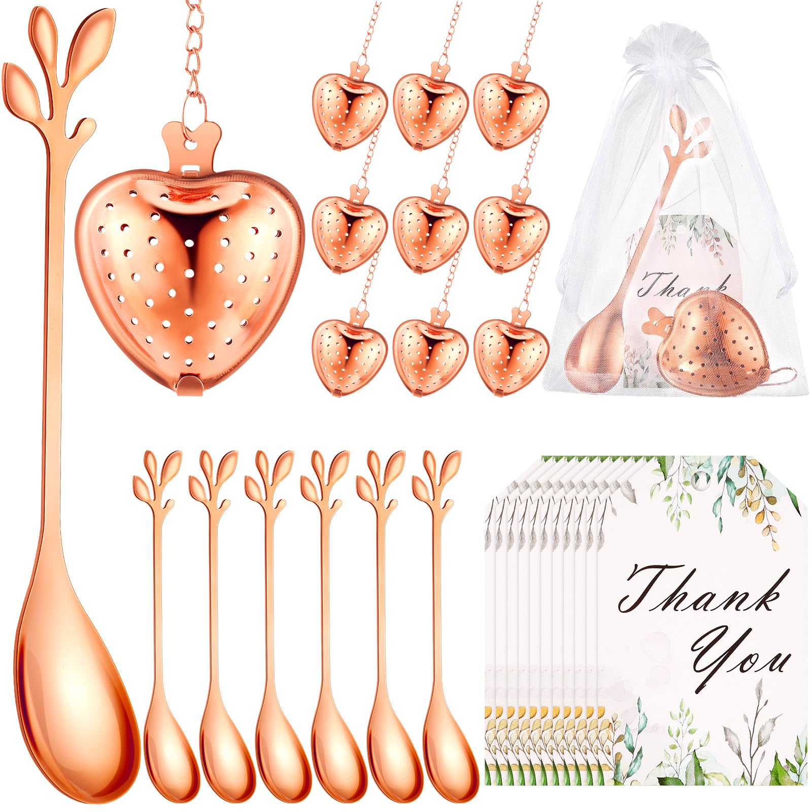 Photo 1 of Yiyiring 25 Sets Bridal Shower Tea Party Favor for Guest Leaf Tea Spoon Heart Shape Infuser Ball for Loose with Thank You Card Organza Bag Wedding Souvenir Gift(Rose Gold)