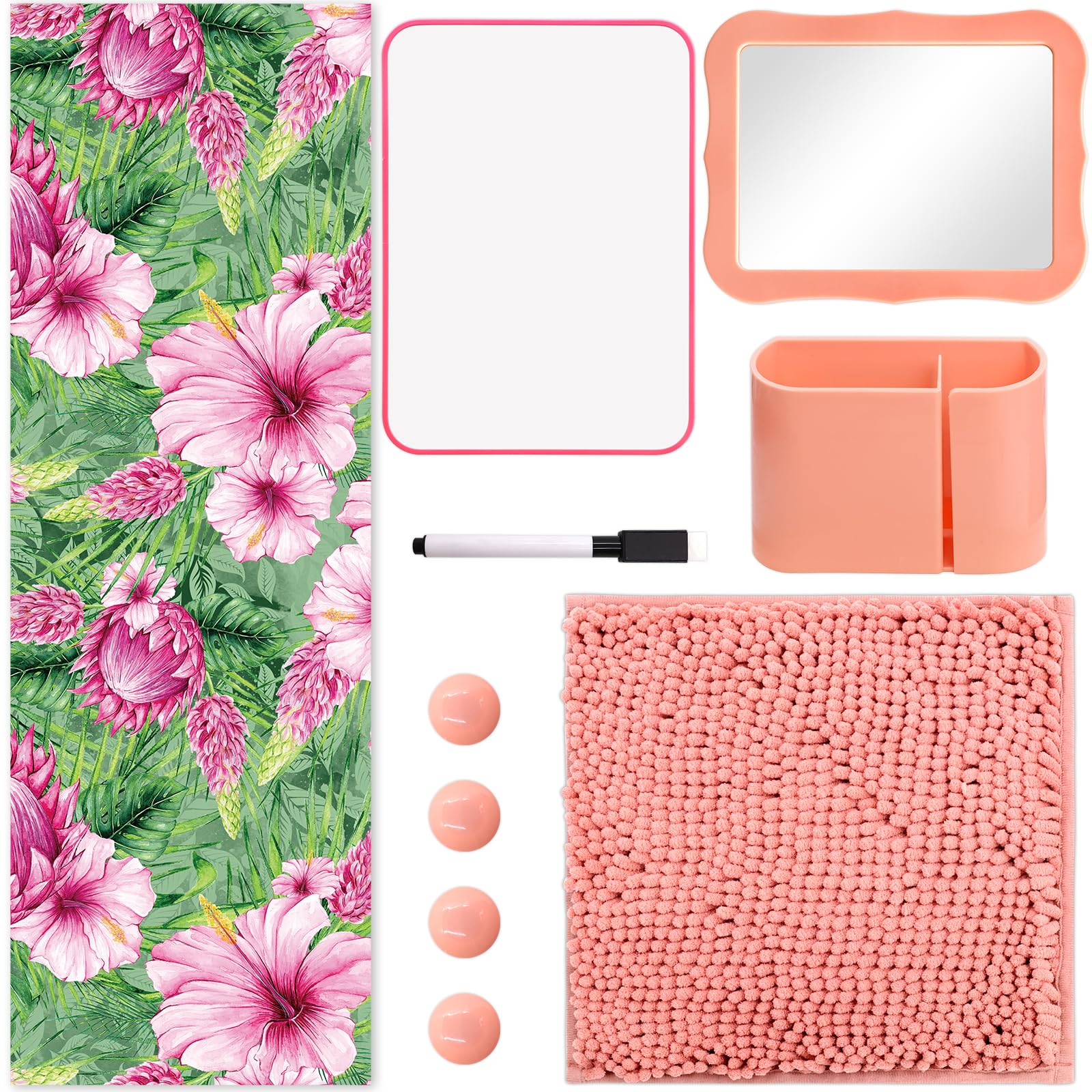 Photo 1 of Flower Locker Accessories Kit 10 Pcs Hibiscus Magnetic Locker Wallpaper Organizer Carpet Mirror Whiteboard Pencil Holder Marker Office Classroom School Gym Supplies