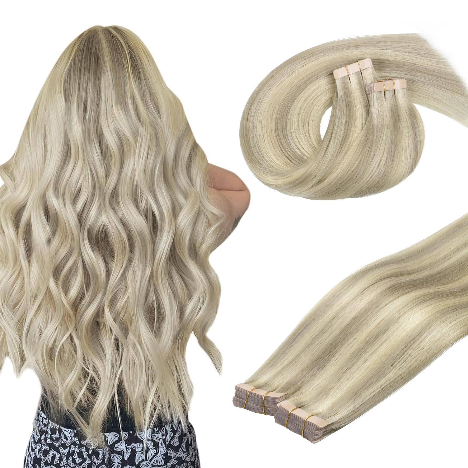 DOORES Human Hair Extensions Tape in, Ash Blonde Highlighted Platinum Blonde 24 Inch 100g 40pcs, Real Human Hair Extensions Tape in Straight Remy Hair Double Side Tape — image 1