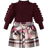 Bkixhv Toddler Girls Plaid Outfits Skirt Set Girl Fall Winter Clothes Puff Sleeve Knit Ribbed Sweatshirt Tops Plaid Skirt Set