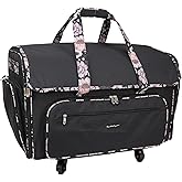 Everything Mary XXL Rolling Sewing Machine Case – Black & Floral Trim Wheeled Craft Bag – Spacious Organizer with 4 Wheels & Multiple Pockets for Sewing Supplies