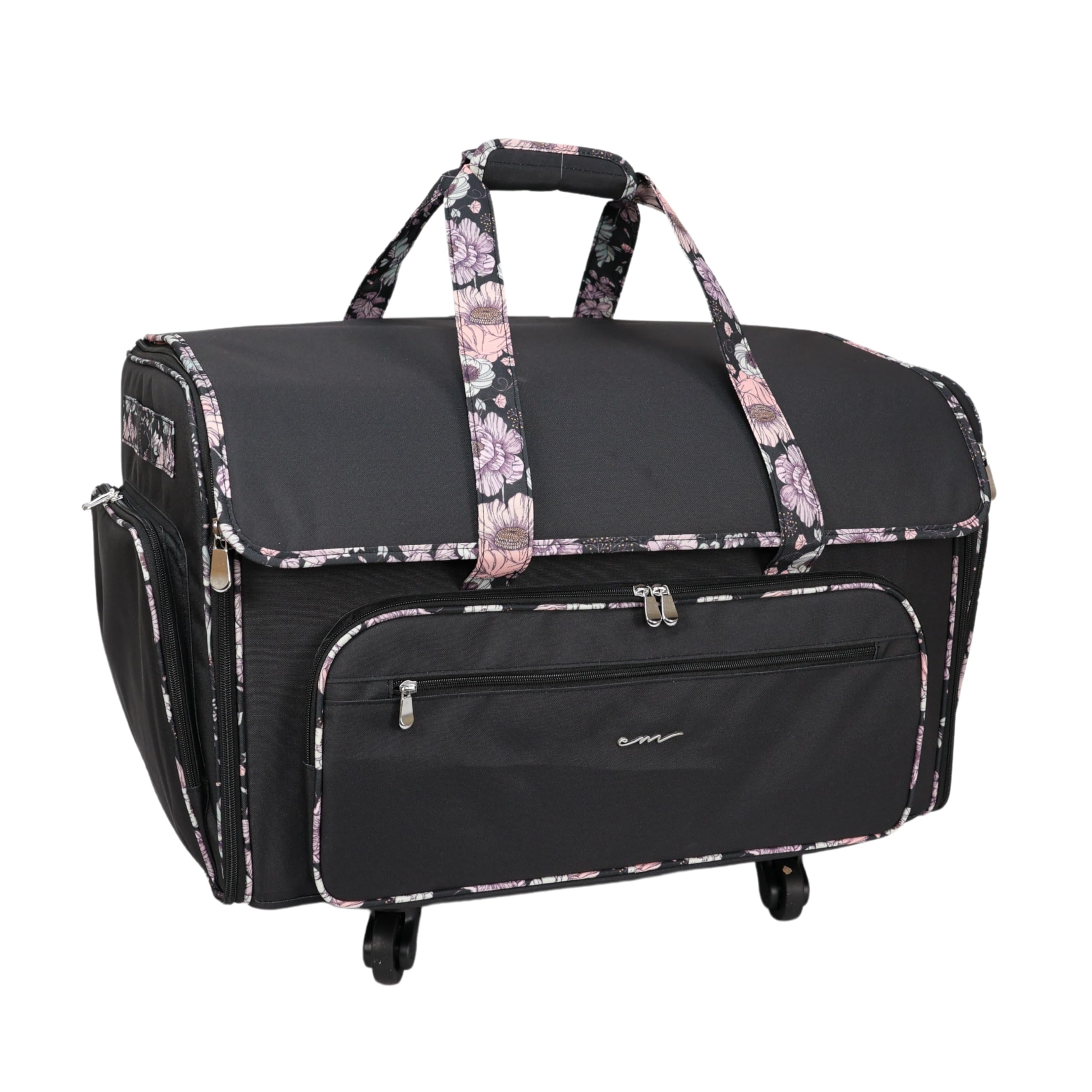 Photo 1 of *****UNTESTED/ UNKNOWN DAMAGES**** Everything Mary XXL Rolling Sewing Machine Case – Black & Floral Trim Wheeled Craft Bag – Spacious Organizer with 4 Wheels & Multiple Pockets for Sewing Supplies